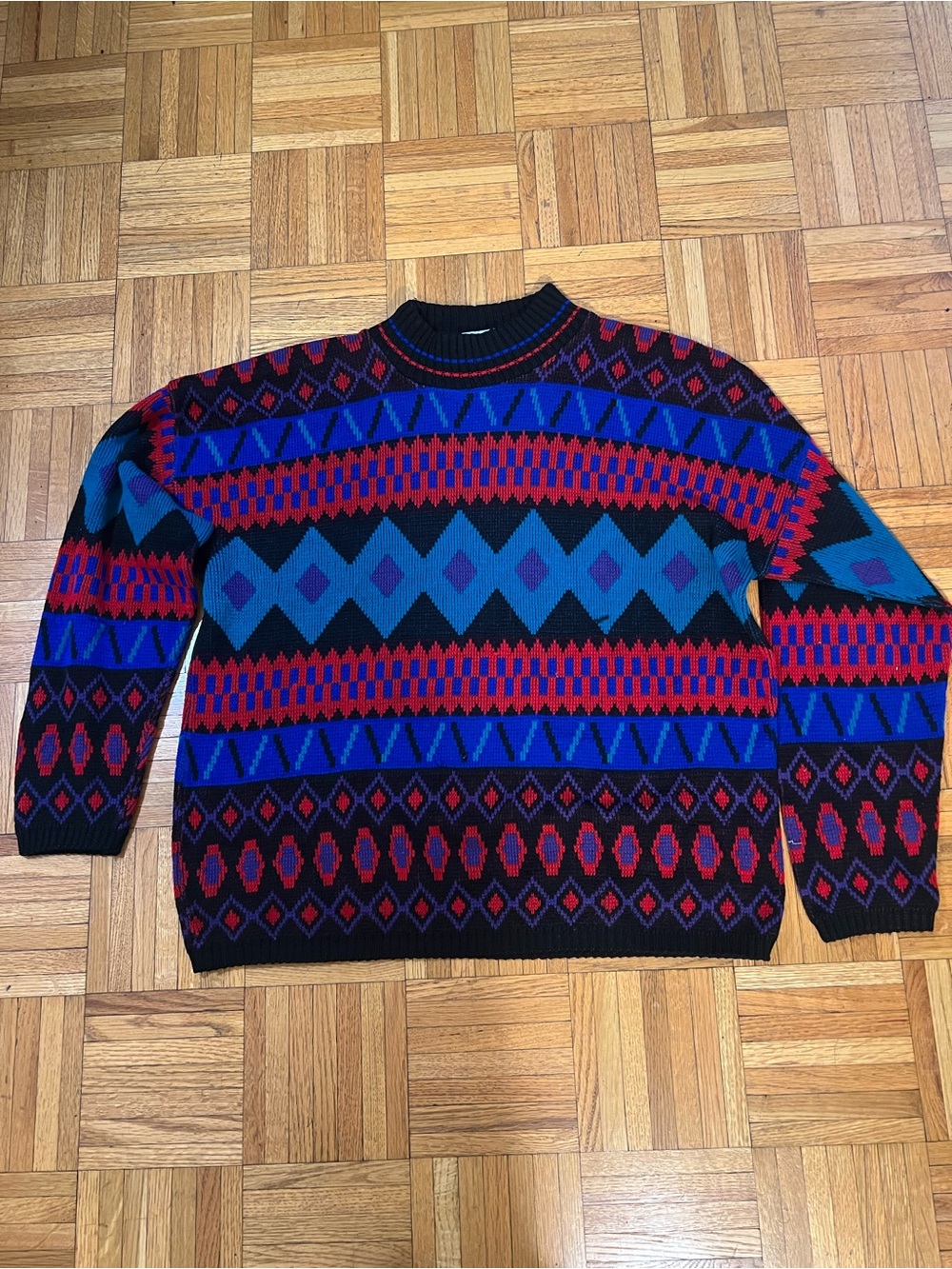 90s Vintage Glamour Knit Red Blue Black Geometric Crewneck Sweater size 42
